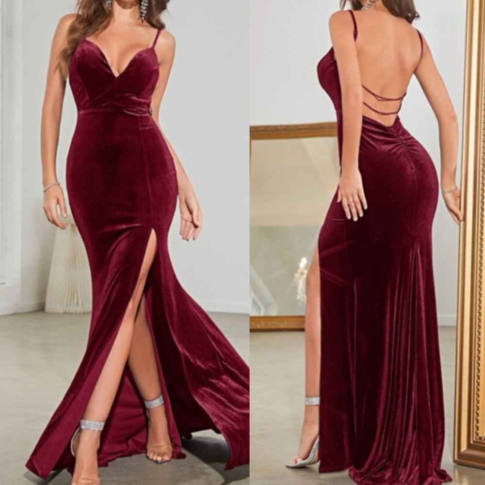 Luxe slit thigh open back party formal holidays velvet dress - Picture 4 of 10
